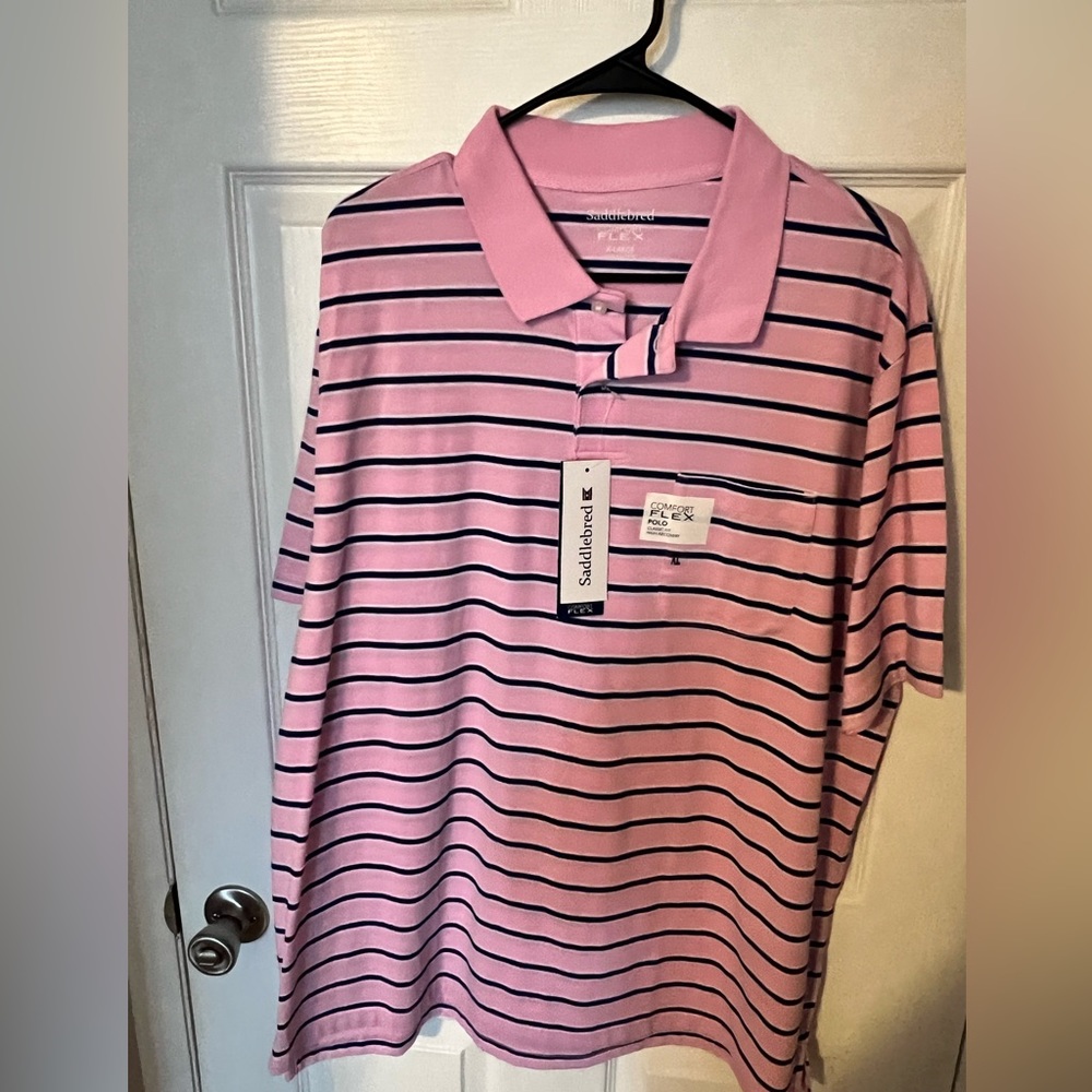 Pink polo with blue and white horizontal stripes. NWT. Saddlebred